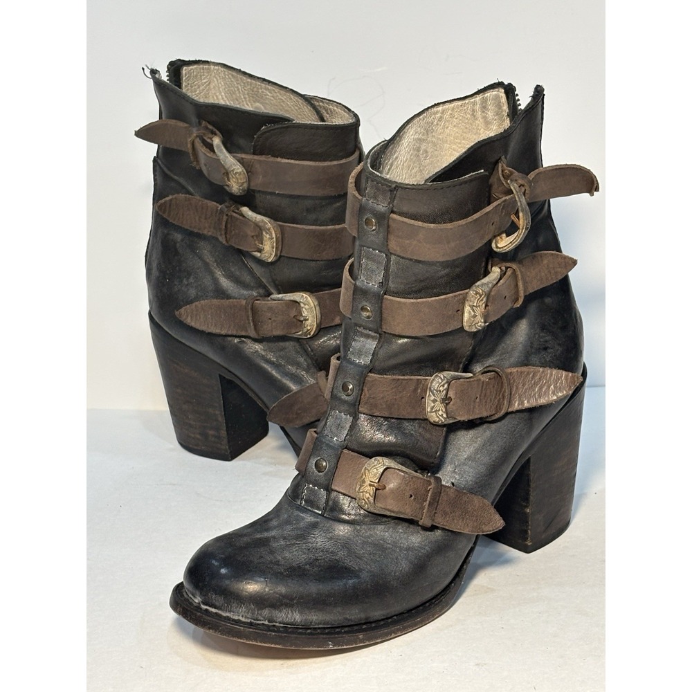Freebird Bates Black Leather Multi Buckle Harness Ankle Boots Women's Size 9